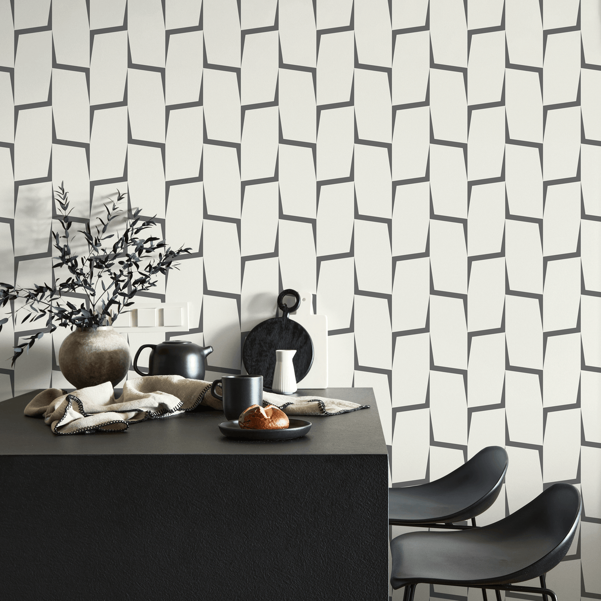 Geometric Wallpaper with an Interlocking Block Motif in Black and Beige - detail view