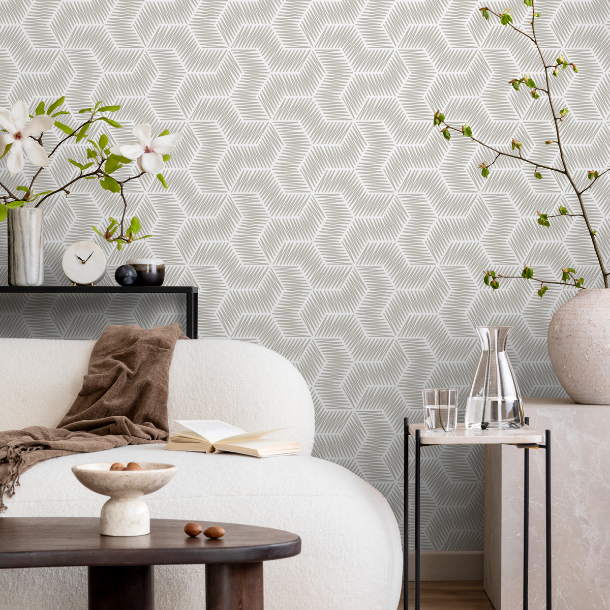 Geometric Wallpaper with a Sketched Chevron Motif in Taupe and White - detail view