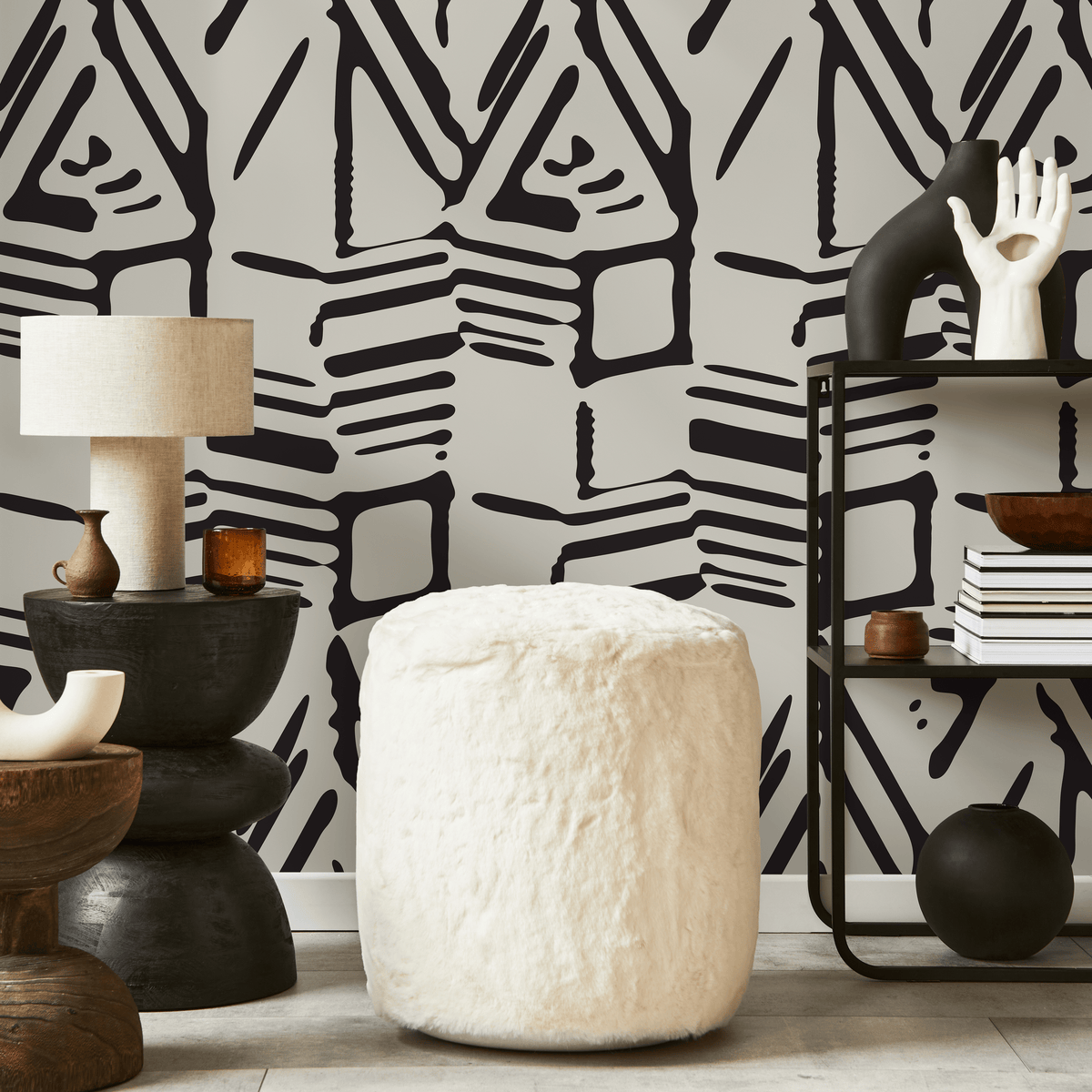 Abstract Wallpaper with a Bold Block Print Motif in Black and Beige - detail view