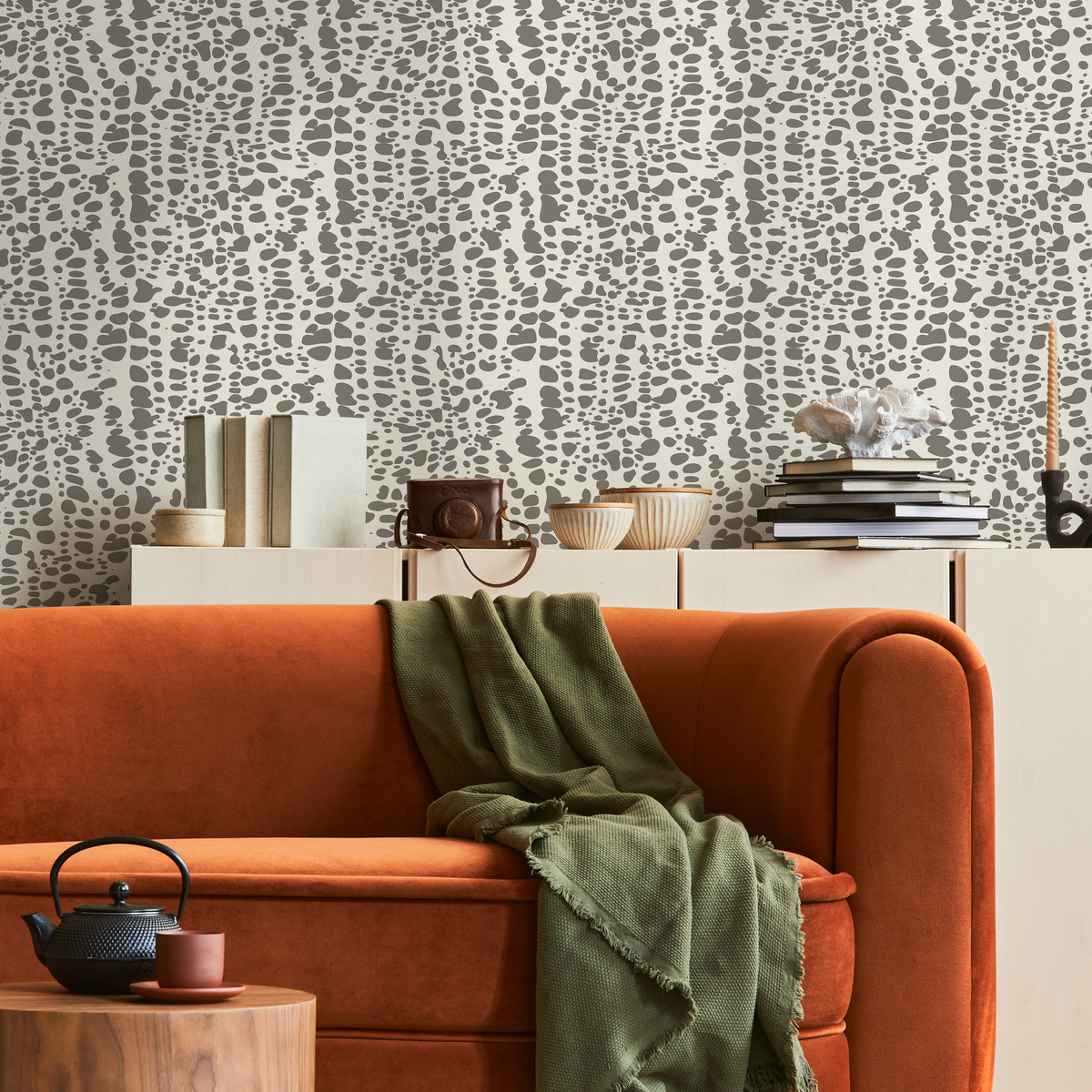 Abstract Wallpaper with an Organic Spot Pattern in Greige and Beige - detail view
