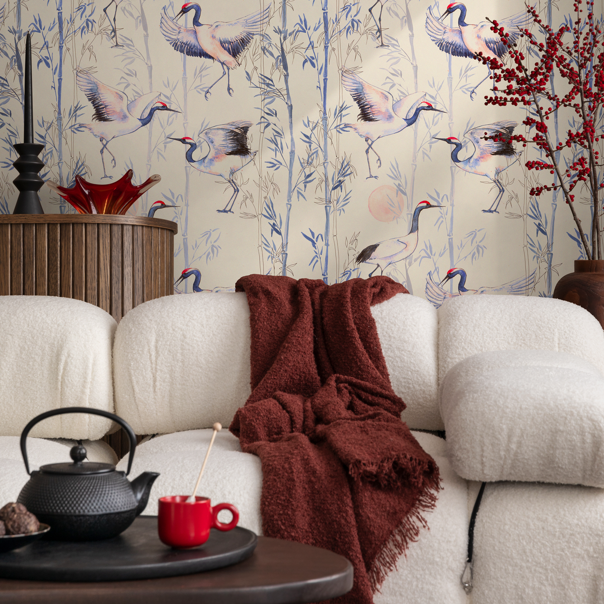 Chinoiserie Wallpaper with Cranes and Bamboo in Blue, Beige, and Red - detail view