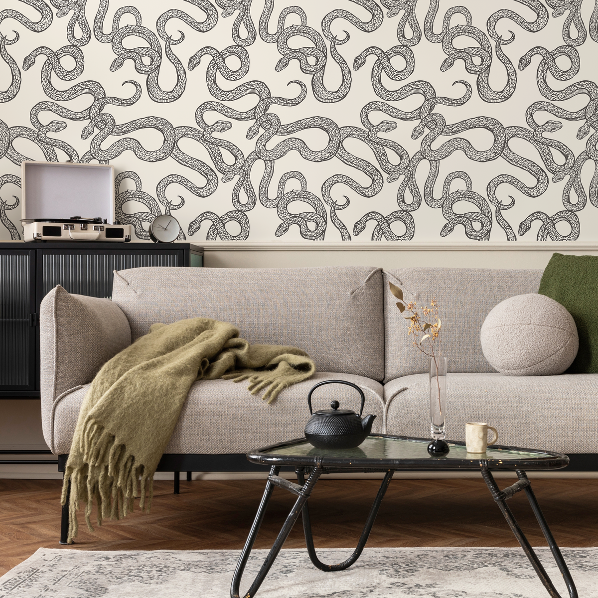 Snake Wallpaper with an Intricate Serpentine Motif in Cream and Dark Taupe - detail view
