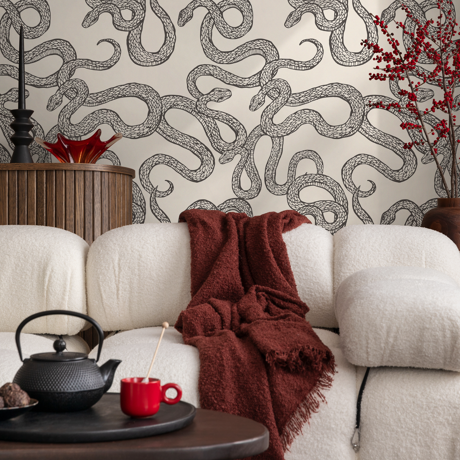 Papel tapiz autoadhesivo, papel tapiz removible, decoración del hogar, arte de pared, decoración de habitaciones / Papel tapiz de serpiente gris y negra - C576