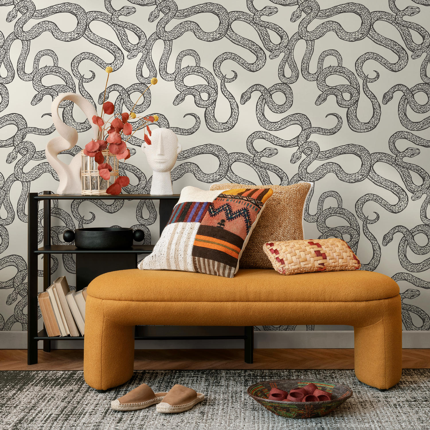 Papel tapiz autoadhesivo, papel tapiz removible, decoración del hogar, arte de pared, decoración de habitaciones / Papel tapiz de serpiente gris y negra - C576