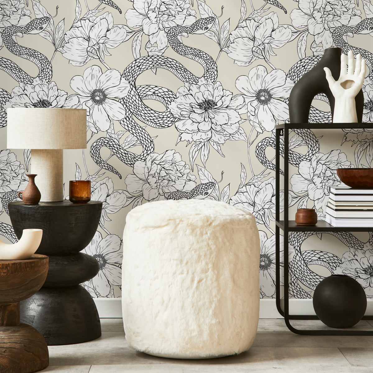 Gothic Wallpaper with a Snake and Peony Motif in Beige, Black, and White - detail view
