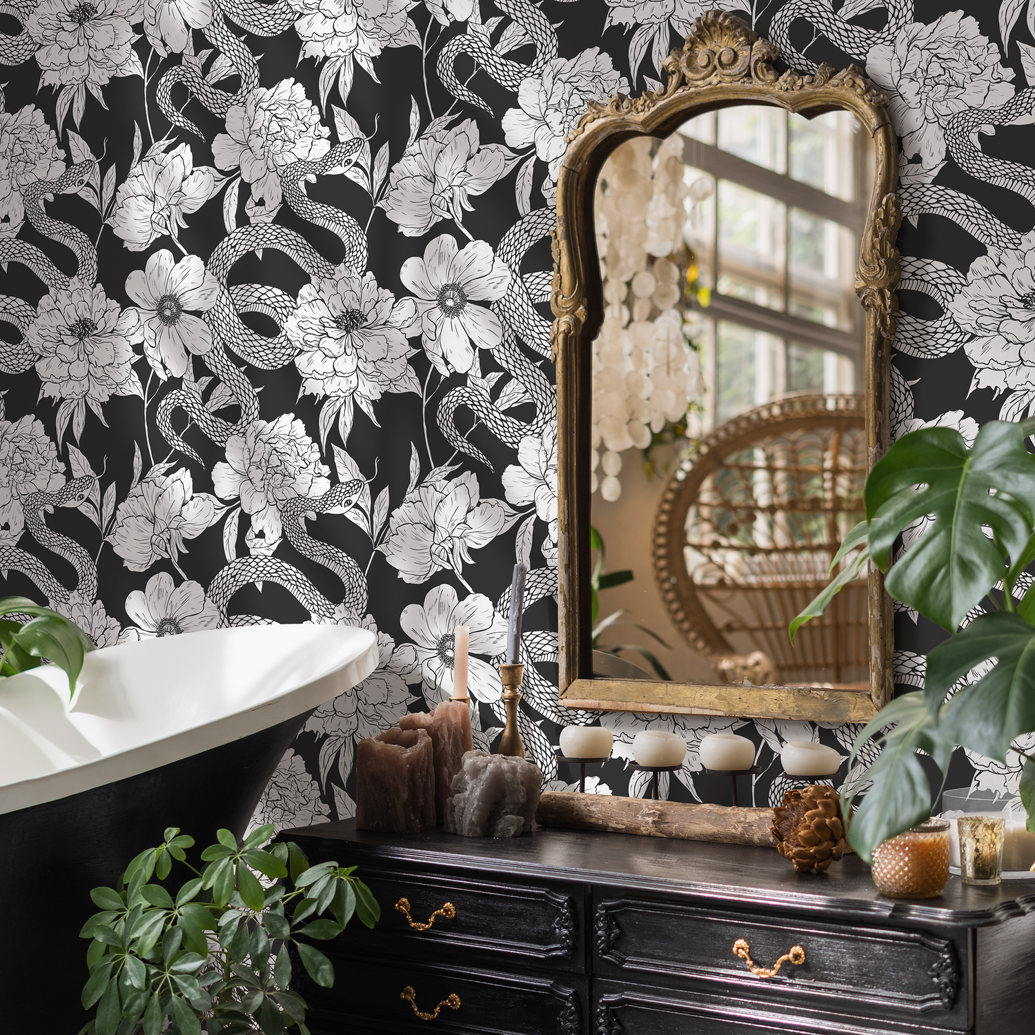 Papel tapiz autoadhesivo, papel tapiz removible, decoración del hogar, arte de pared, decoración de habitaciones / Papel tapiz de serpiente gris y negra - C578