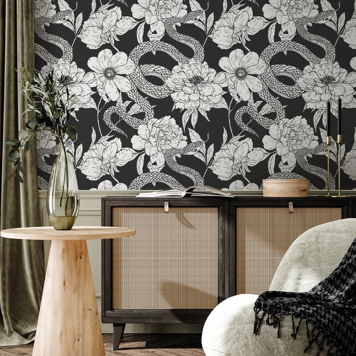 Animal Wallpaper with a Winding Serpent and Peony Motif in Black and White - detail view