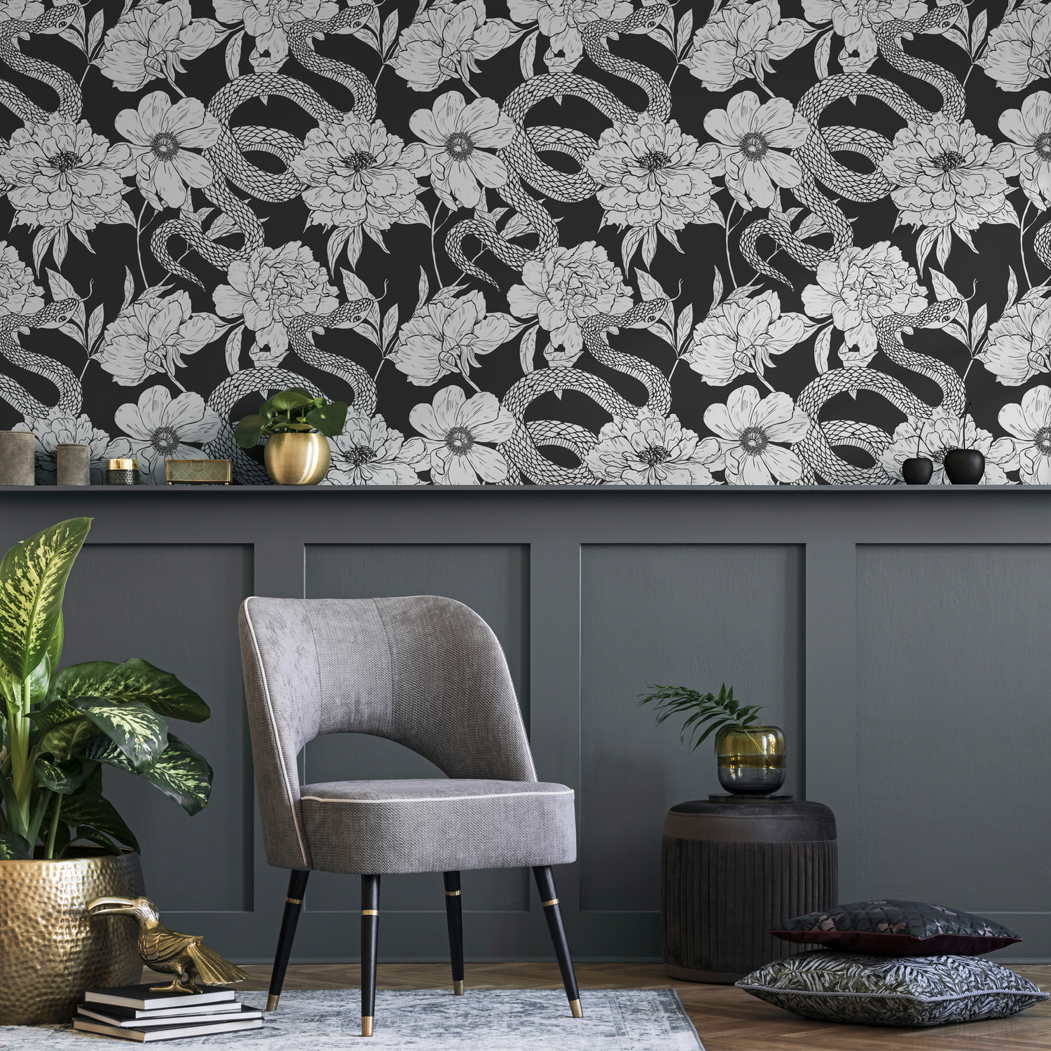Papel tapiz autoadhesivo, papel tapiz removible, decoración del hogar, arte de pared, decoración de habitaciones / Papel tapiz de serpiente gris y negra - C578