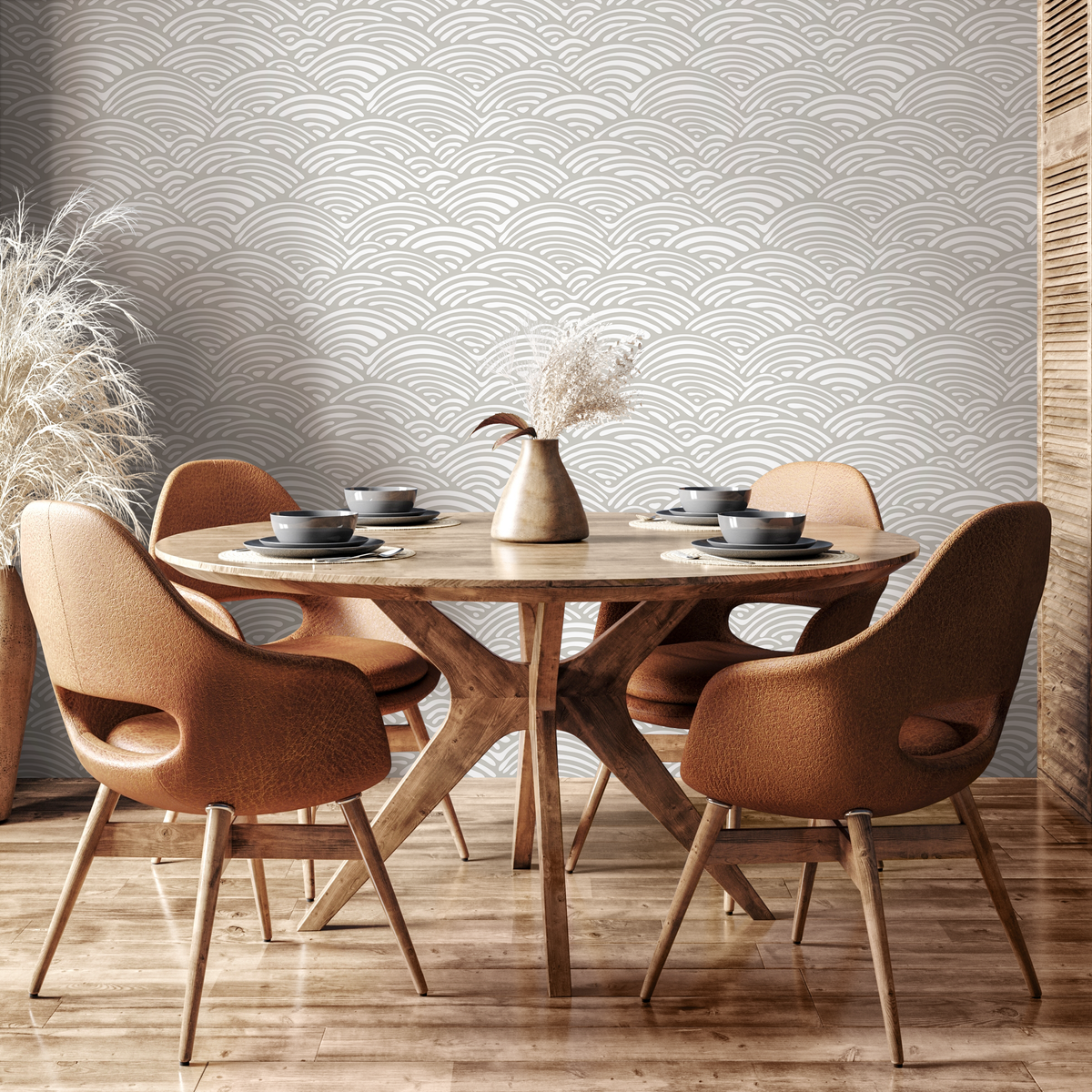 Boho Wallpaper with a Scalloped Shell Pattern in Beige and White - detail view