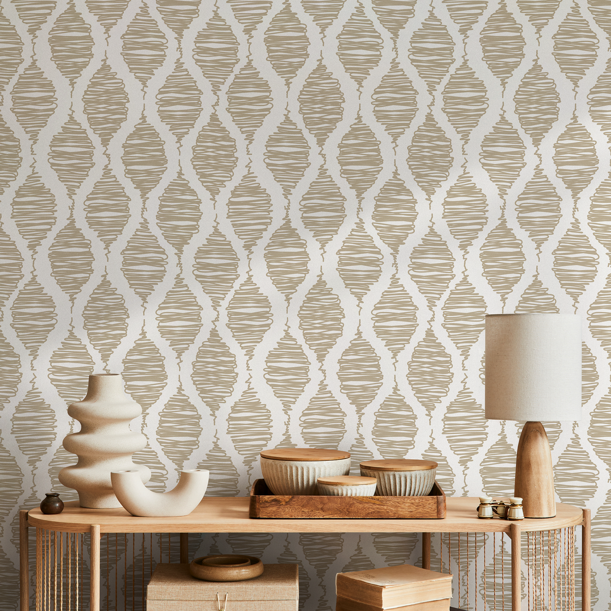 Abstract Wallpaper with Wavy Scribbled Diamonds in Beige - detail view