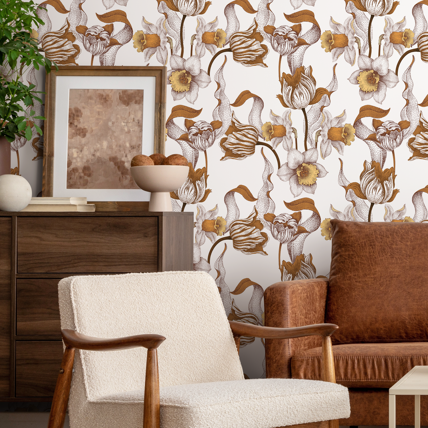 Papel pintado autoadhesivo, papel pintado extraíble, decoración del hogar, arte de pared, decoración de habitaciones / Papel pintado floral con puntillismo beige - C581
