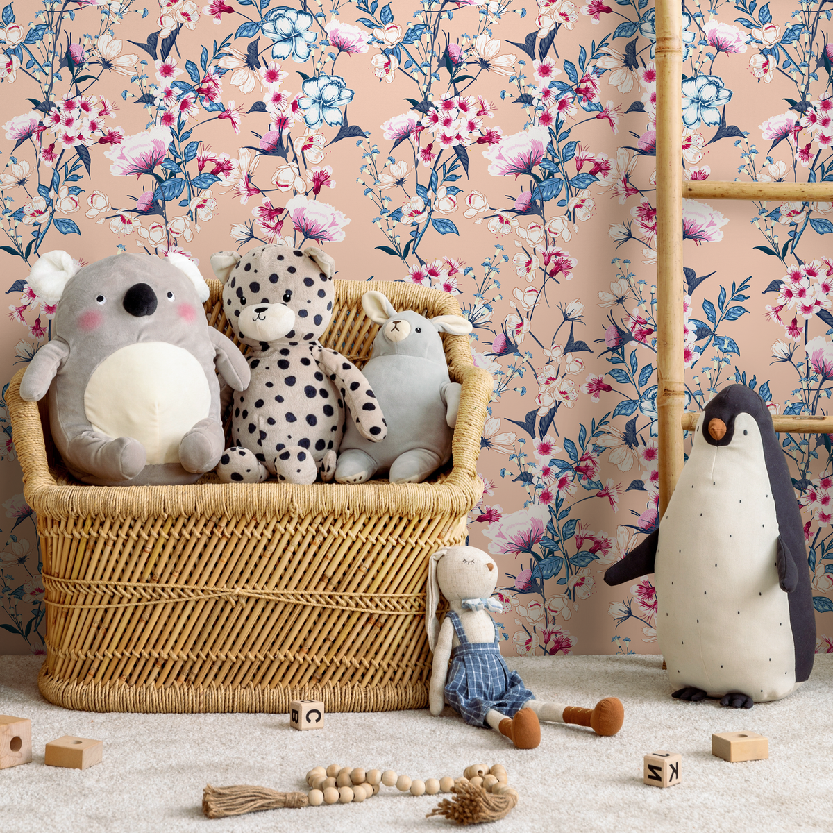 Floral Wallpaper with a Vintage Wildflower Motif in Pink, Blue, and Peach - detail view