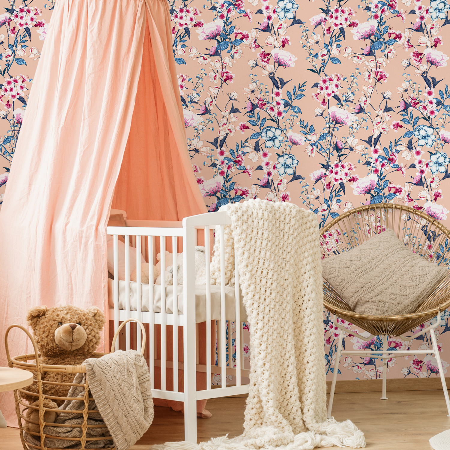 Floral Wallpaper with a Vintage Wildflower Motif in Pink, Blue, and Peach - C583
