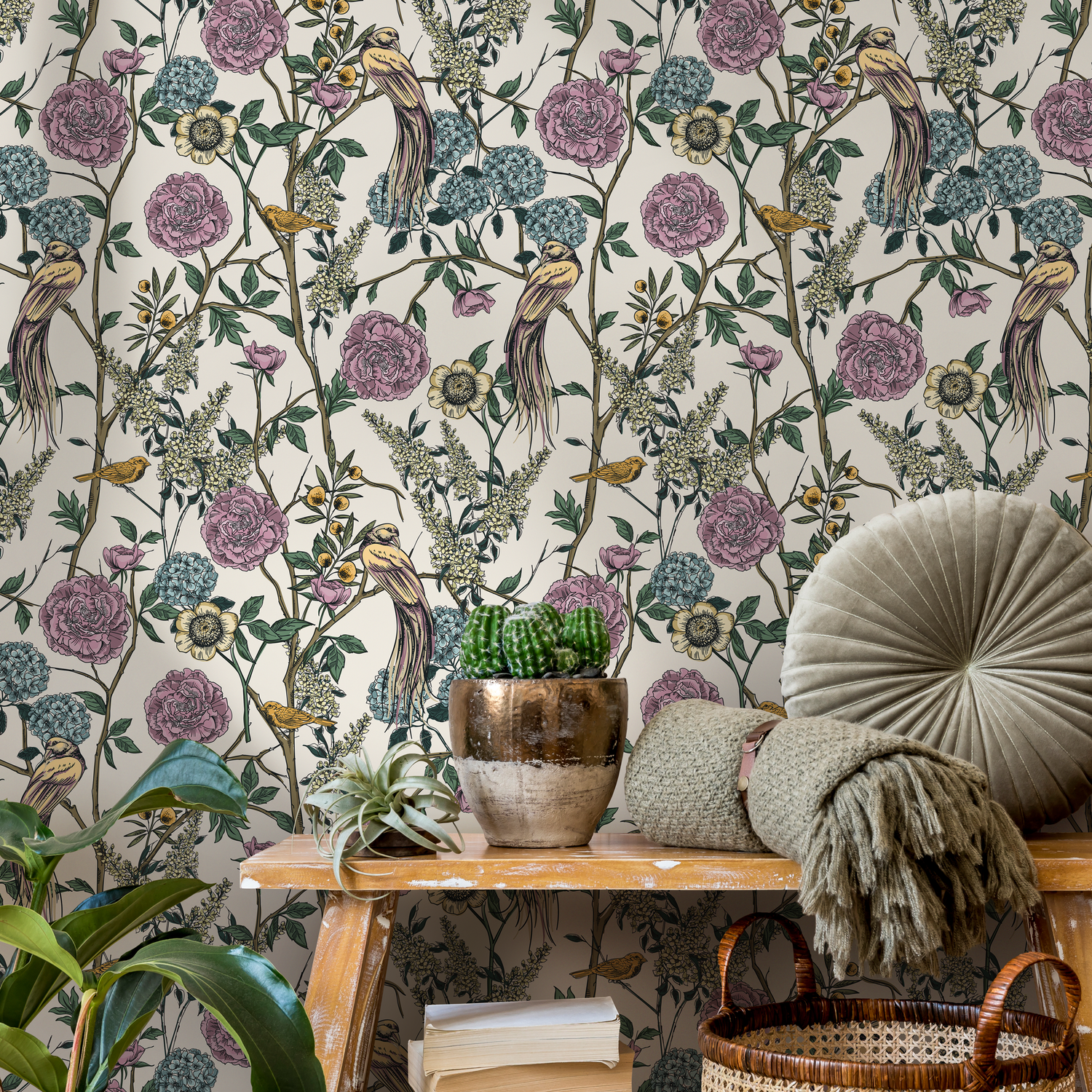 Chinoiserie Wallpaper with Exotic Birds and Blooms in Purple, Blue, and Yellow - C584