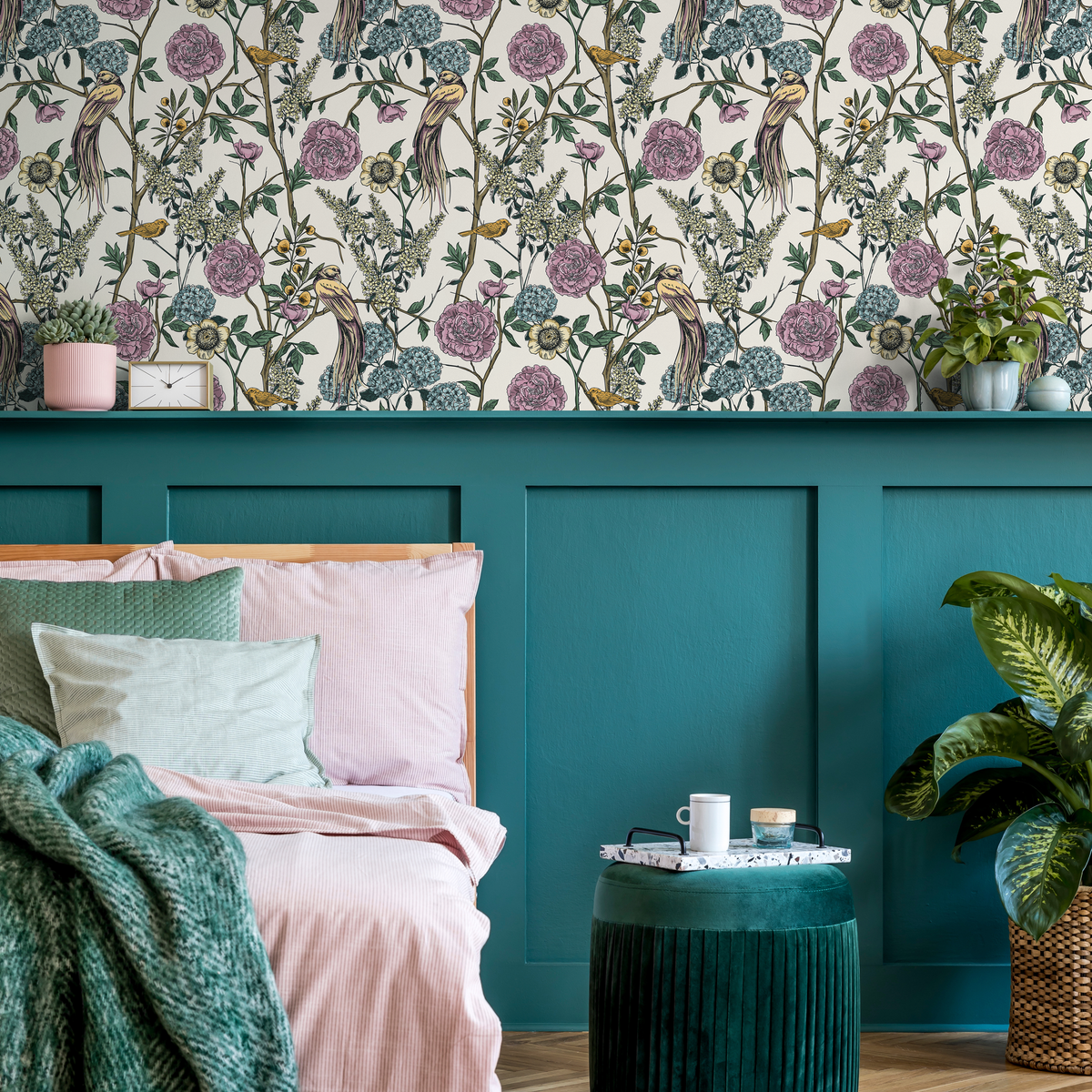 Chinoiserie Wallpaper with Exotic Birds and Blooms in Purple, Blue, and Yellow - detail view