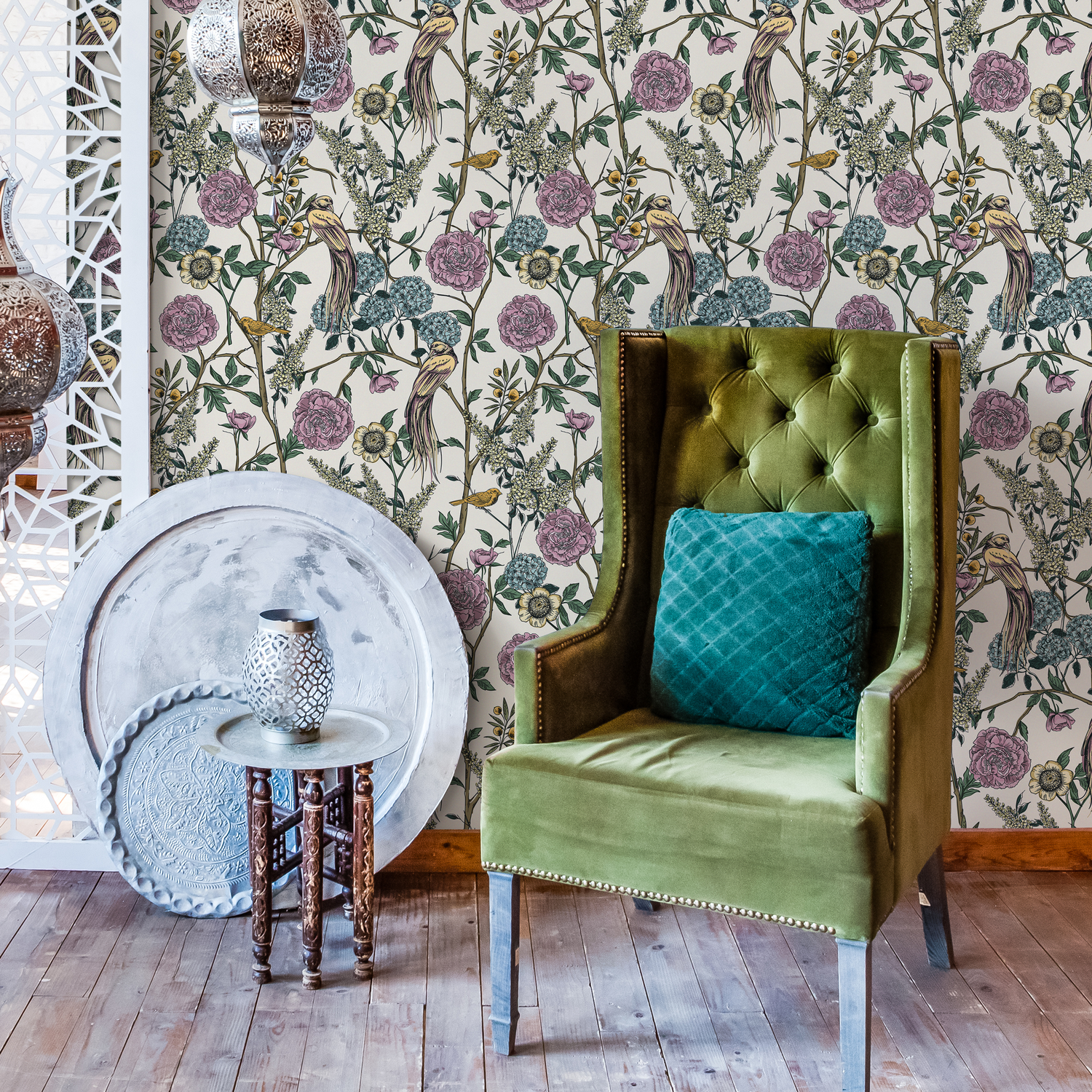 Chinoiserie Wallpaper with Exotic Birds and Blooms in Purple, Blue, and Yellow - C584