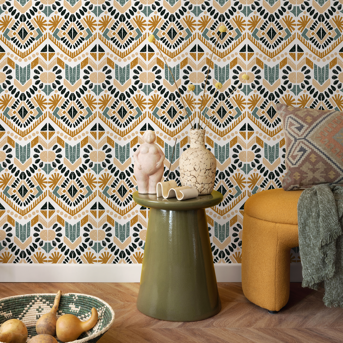 Ethnic Wallpaper with a Boho Tribal Motif in Ochre, Teal, and Black - detail view