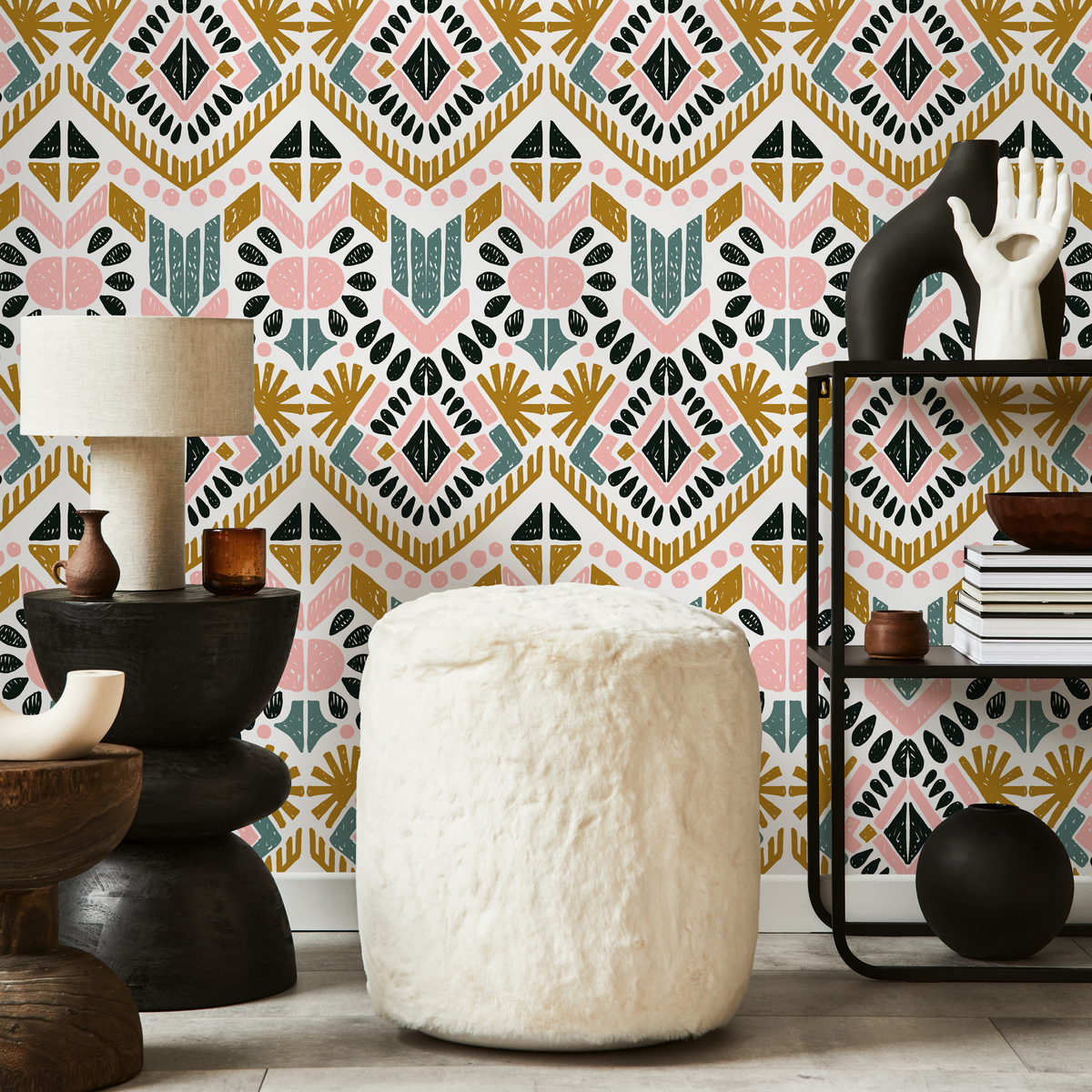 Boho Geometric Wallpaper with a Tribal Motif in Pink, Teal, and Ochre - detail view