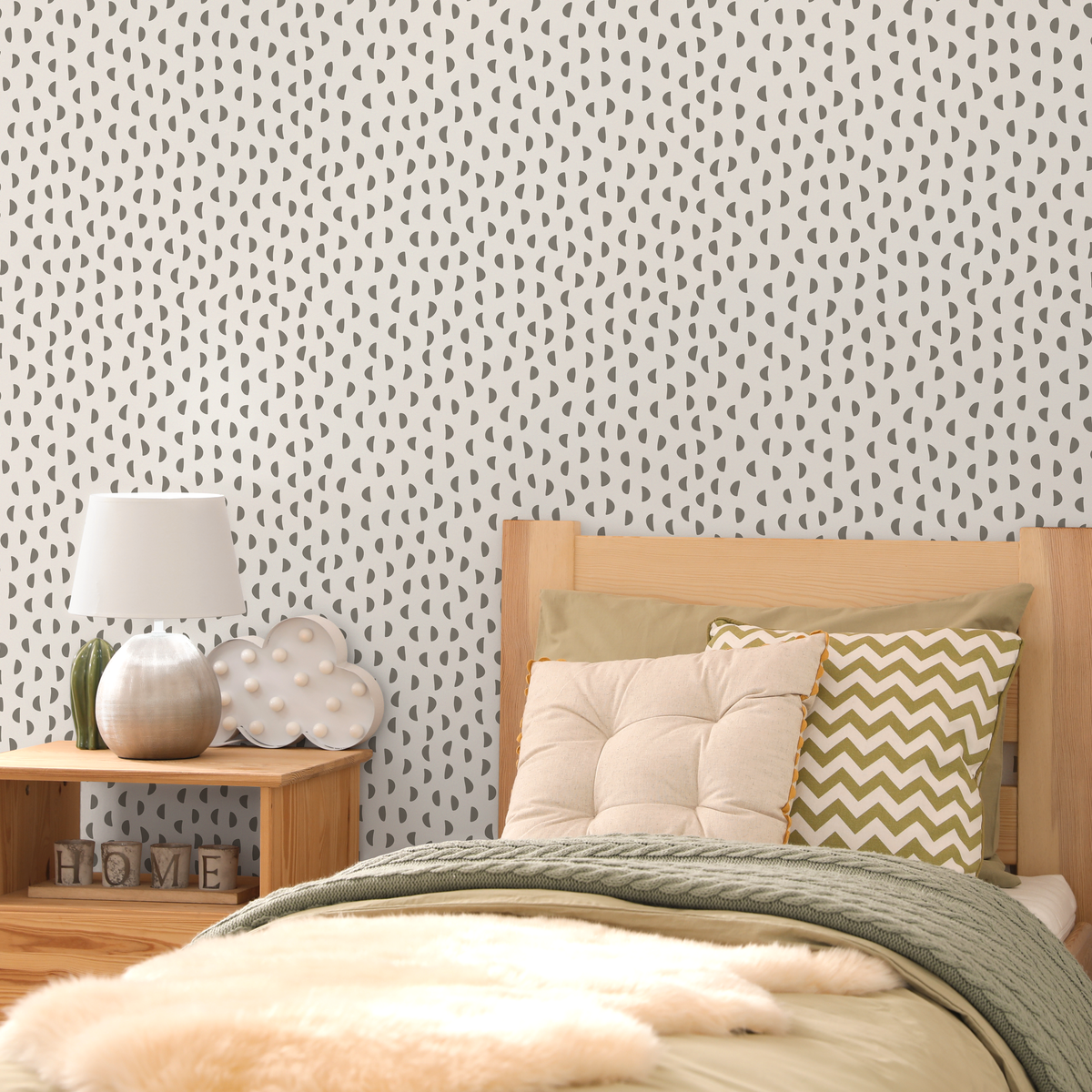 Geometric Wallpaper with a Repeating Semi-Circle Motif in Beige and Gray - detail view