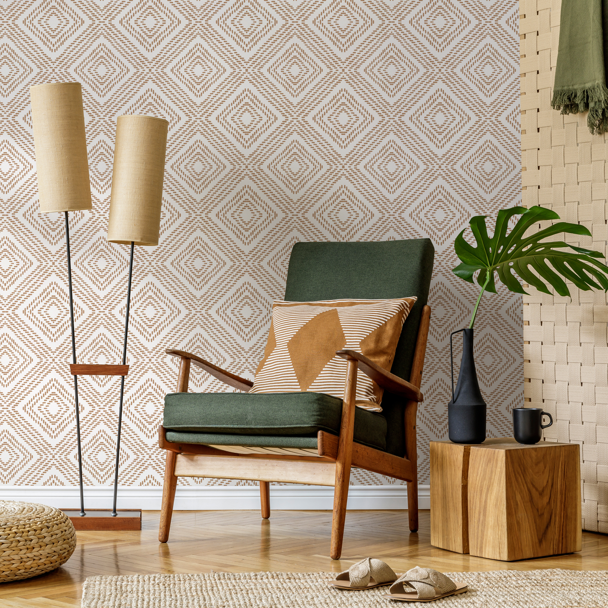 Geometric Wallpaper with a Dashed Diamond Pattern in Tan - detail view