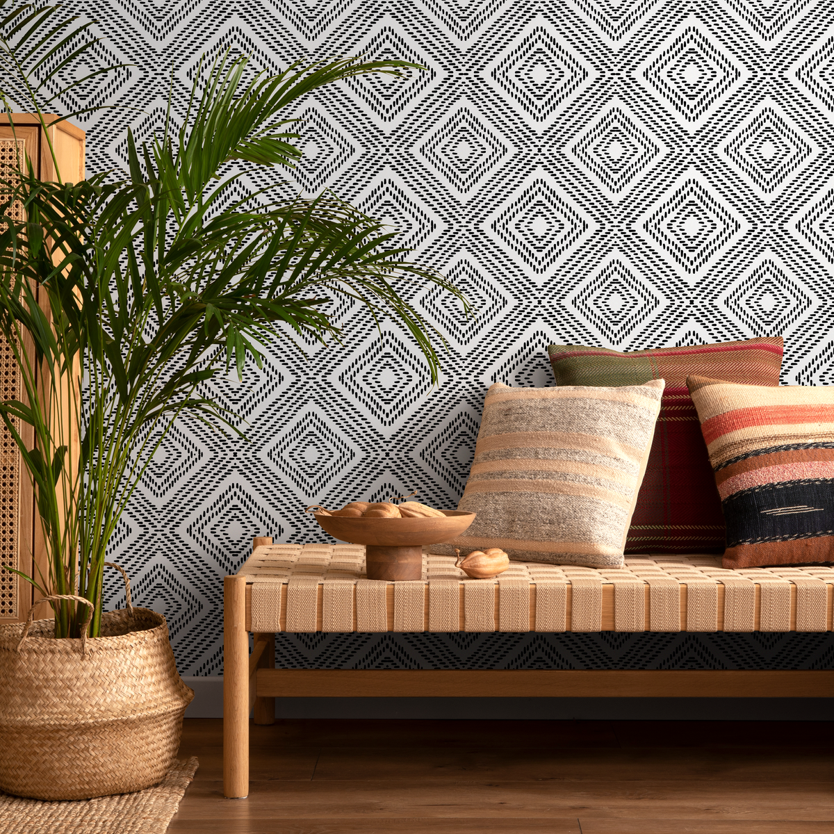 Geometric Wallpaper with a Dashed Diamond Motif in Black and White - detail view