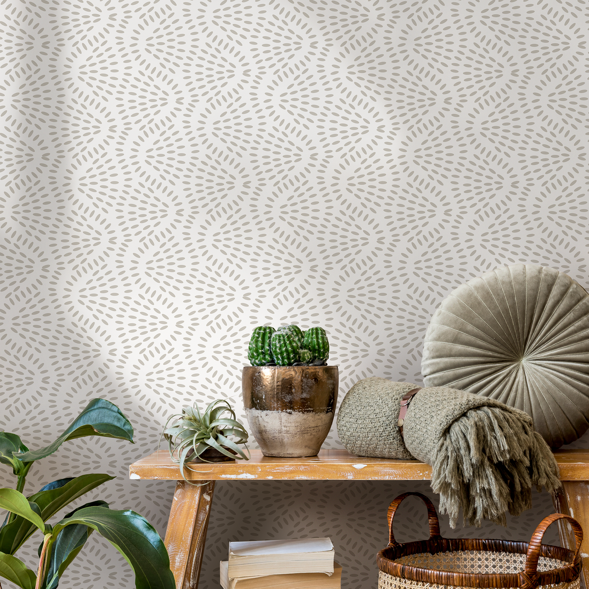 Geometric Wallpaper with a Radiating Dash Motif in Gray and White - detail view