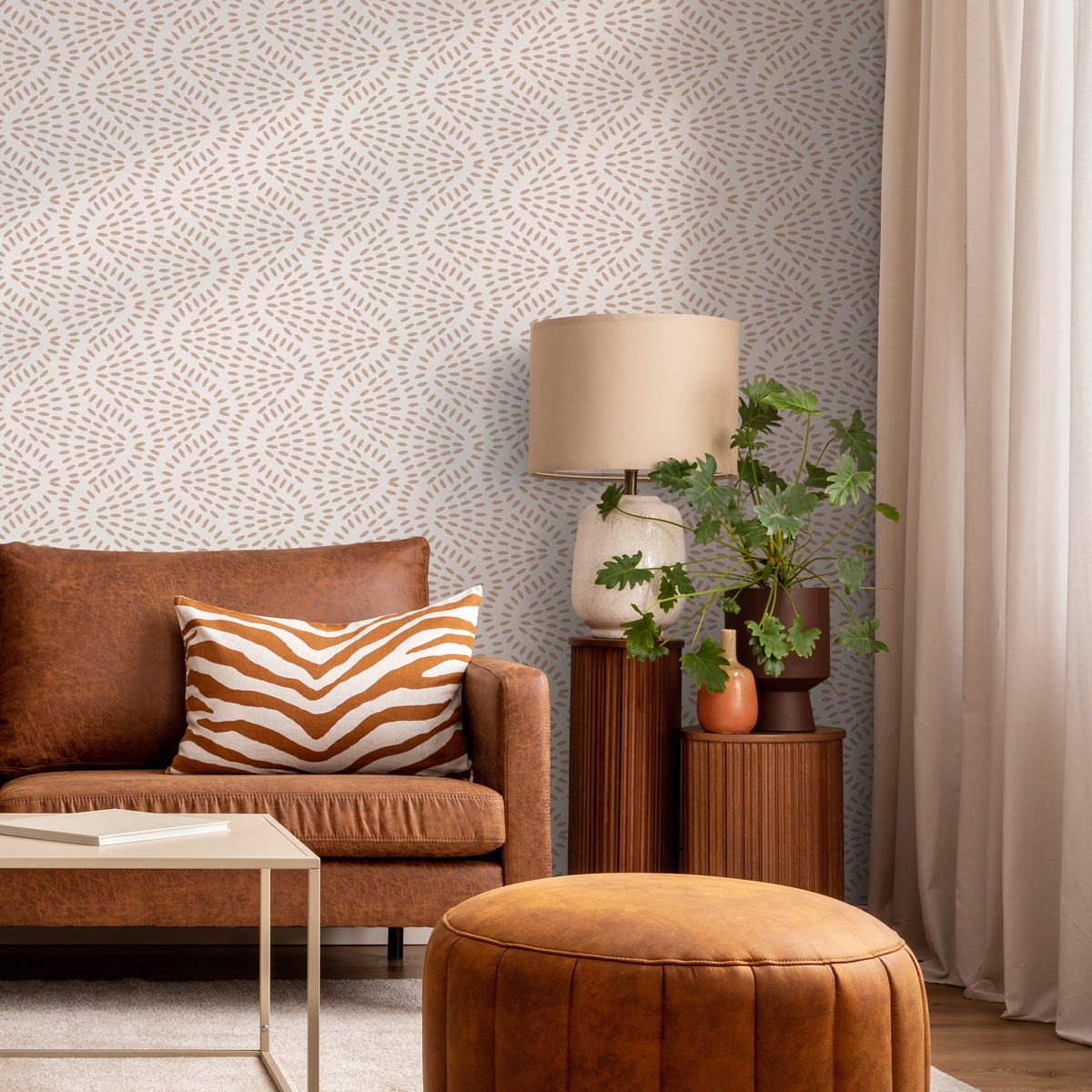 Abstract Wallpaper with a Radiating Dash Pattern in Beige - detail view