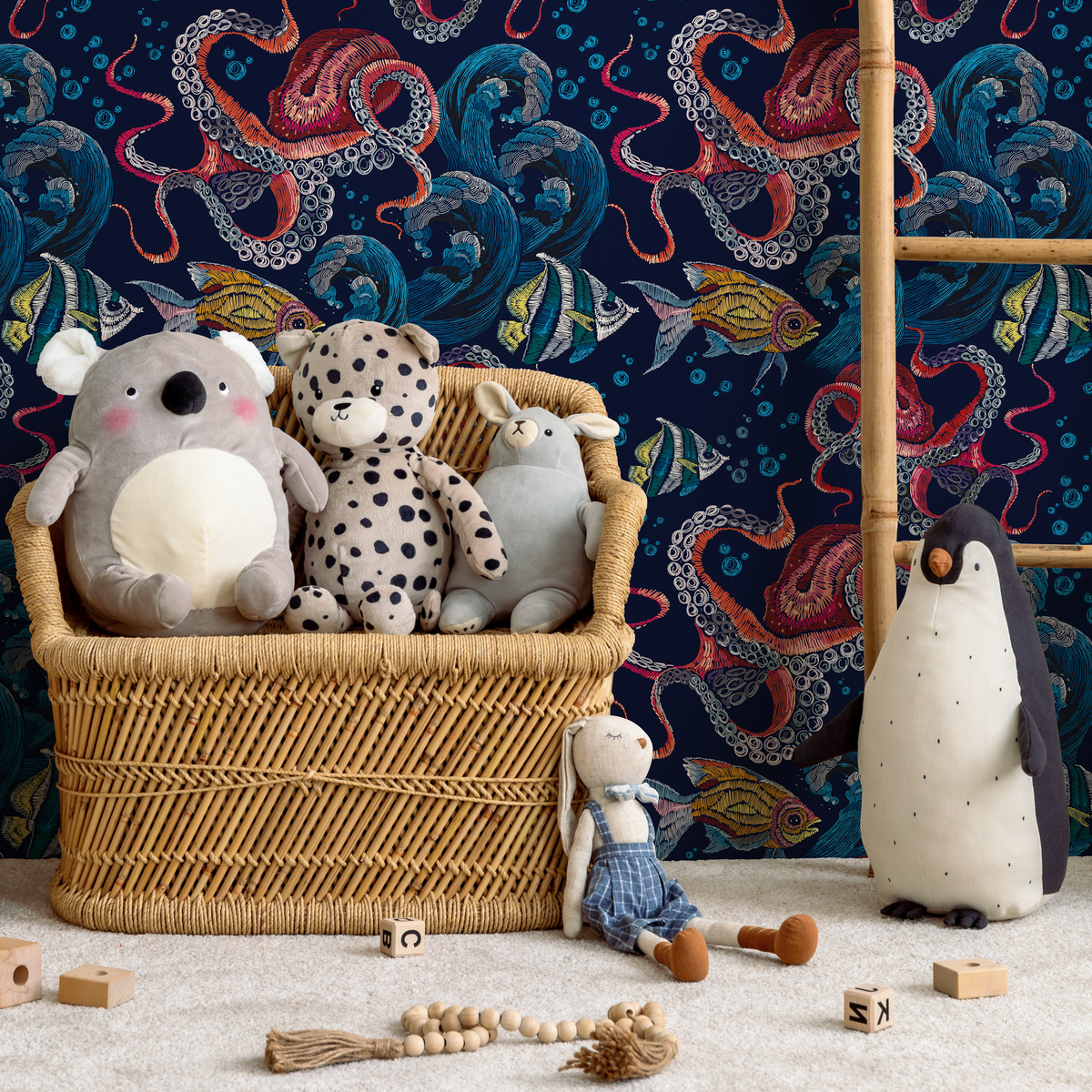 Coastal Wallpaper with an Embroidered Octopus and Fish in Blue, Red, and Yellow - detail view