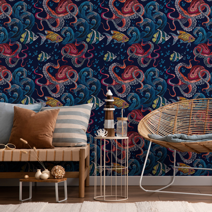 Wallpaper Peel and Stick Wallpaper Removable Wallpaper Home Decor Wall Art Wall Decor Room Decor / Colorful Coastal Octopus Wallpaper - C595