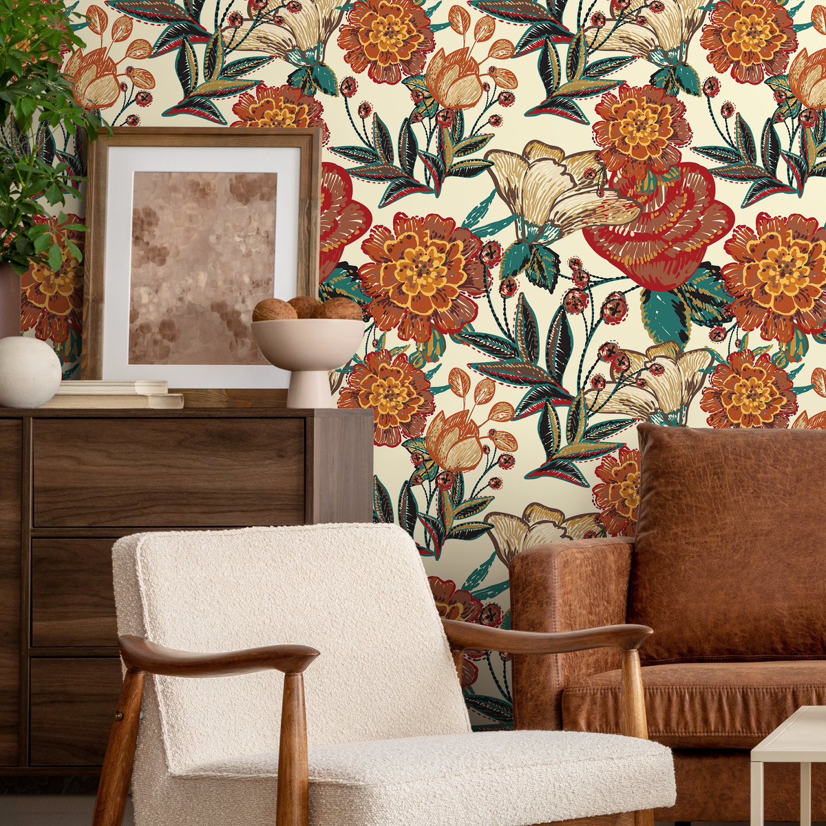 Vintage Floral Wallpaper with an Embroidered Style in Red, Orange, and Teal - detail view