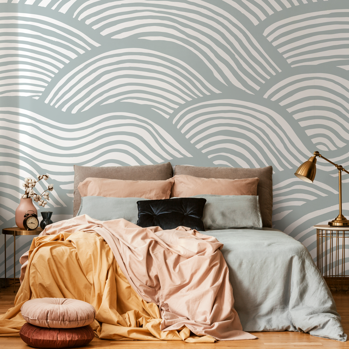 Coastal Wallpaper Featuring Abstract Rolling Waves in Soft Sage and White - detail view