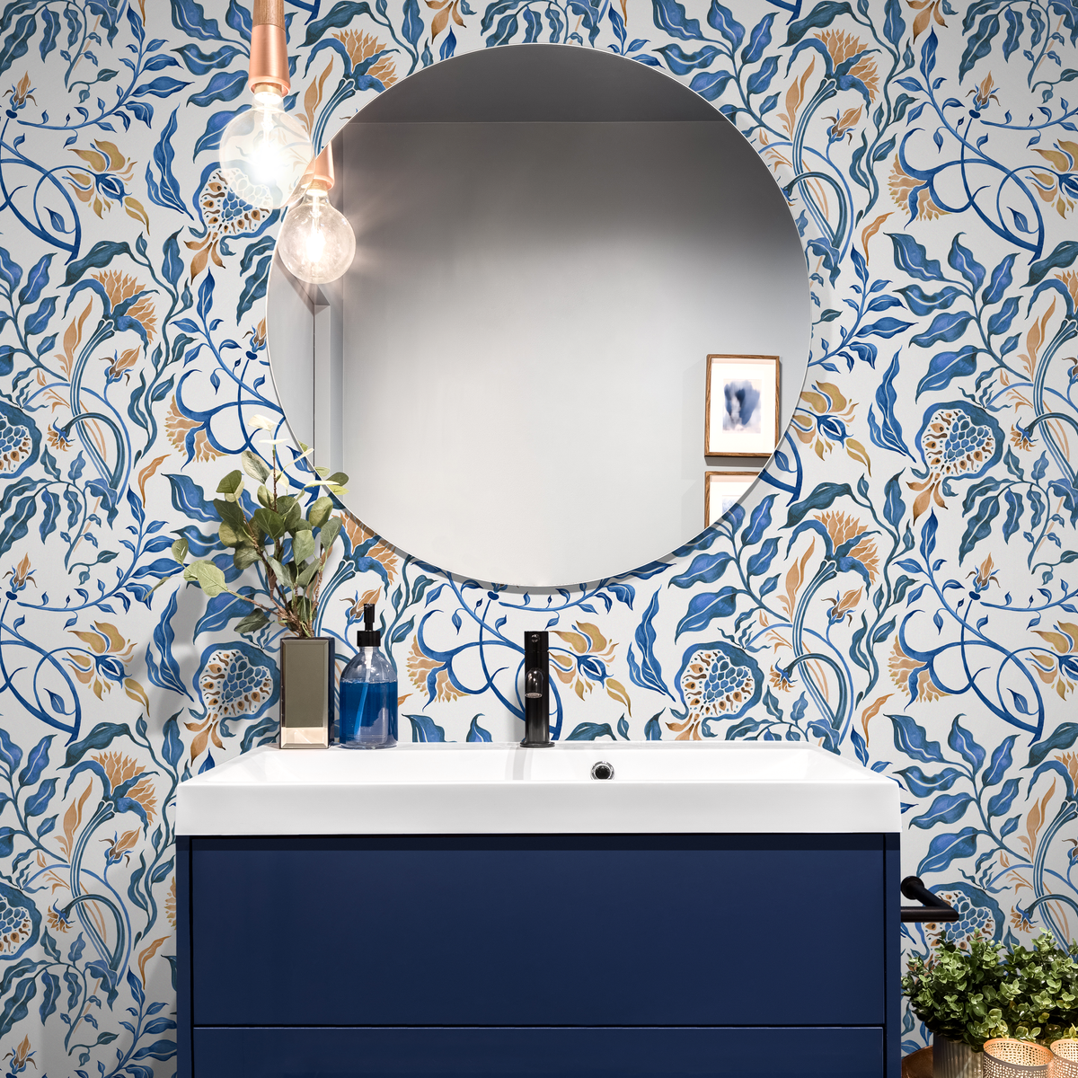 Vintage Wallpaper Featuring Art Nouveau Floral Vines in Blue and Gold - detail view