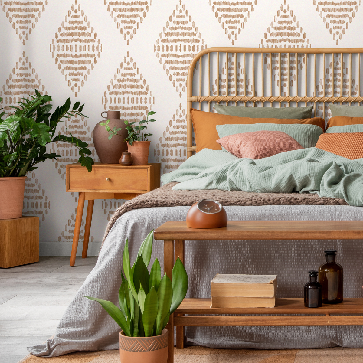 Geometric Wallpaper with Sketched Diamond Motifs in Light Brown - detail view