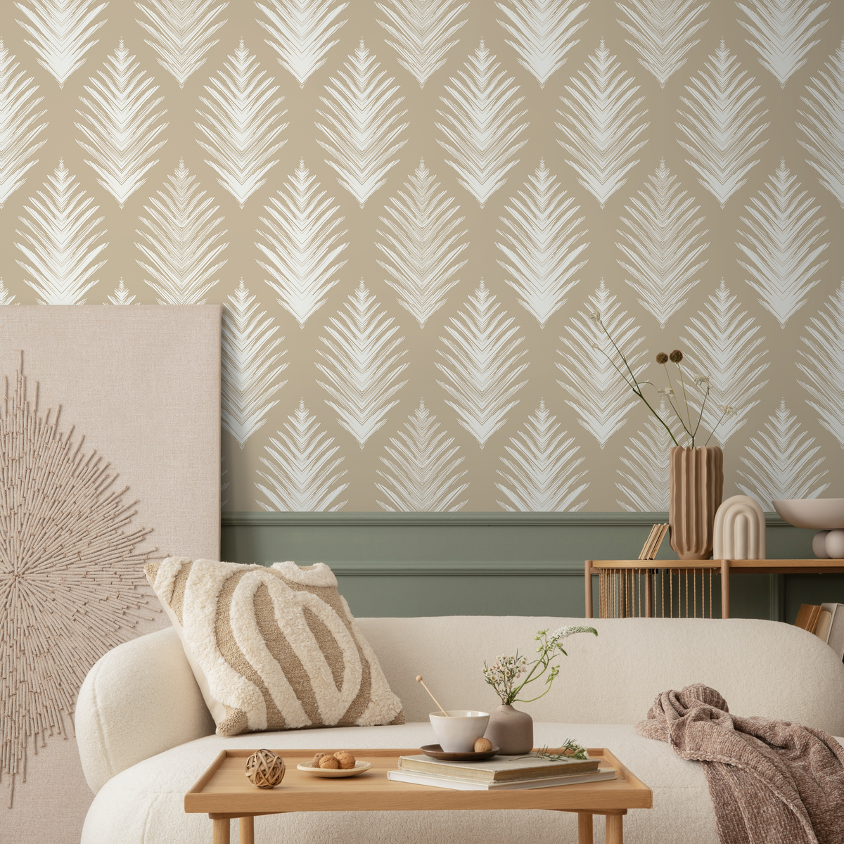 Botanical Wallpaper with an Abstract Leaf Motif in Beige and White - detail view