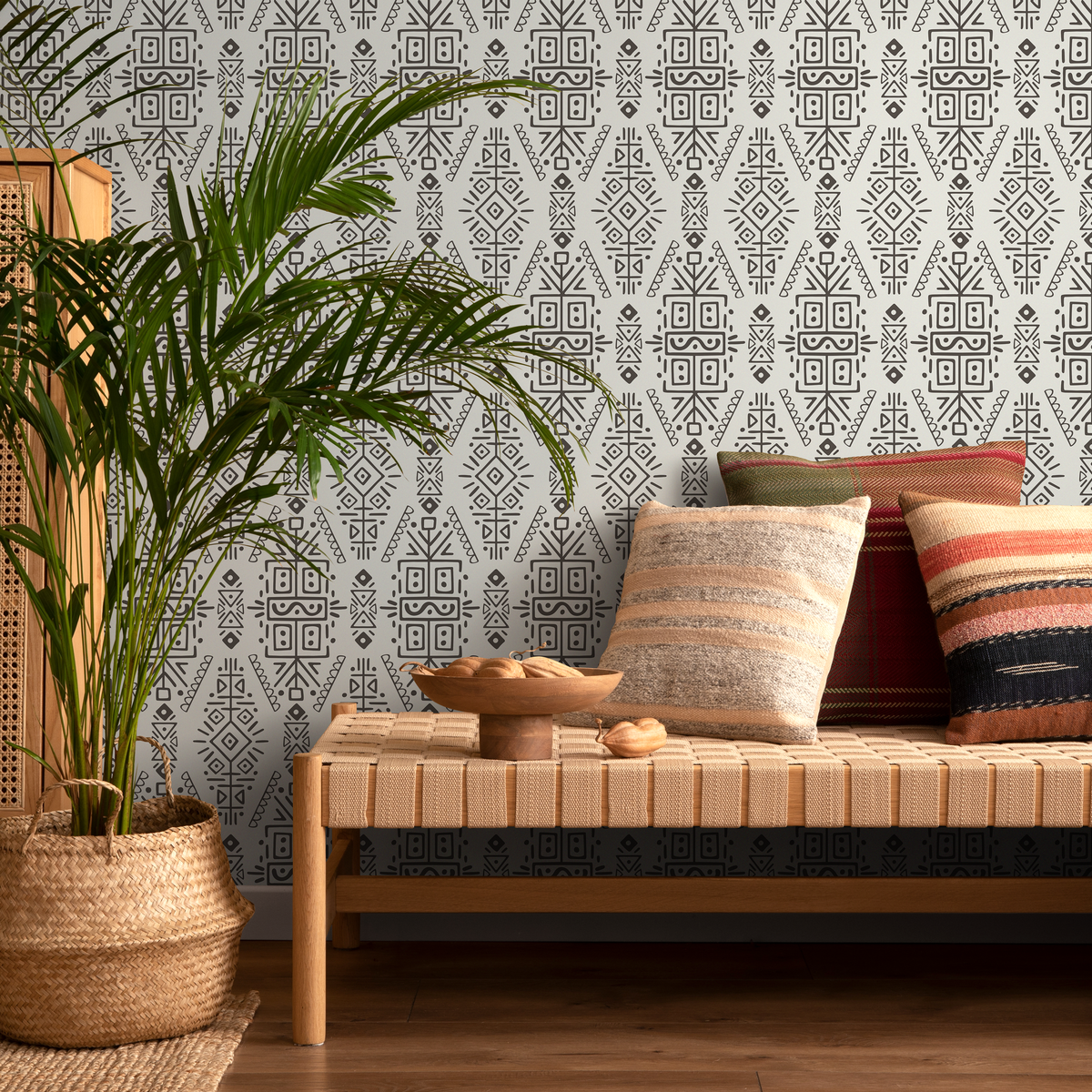 Tribal Wallpaper with a Ethnic Motif in Beige and Black - detail view
