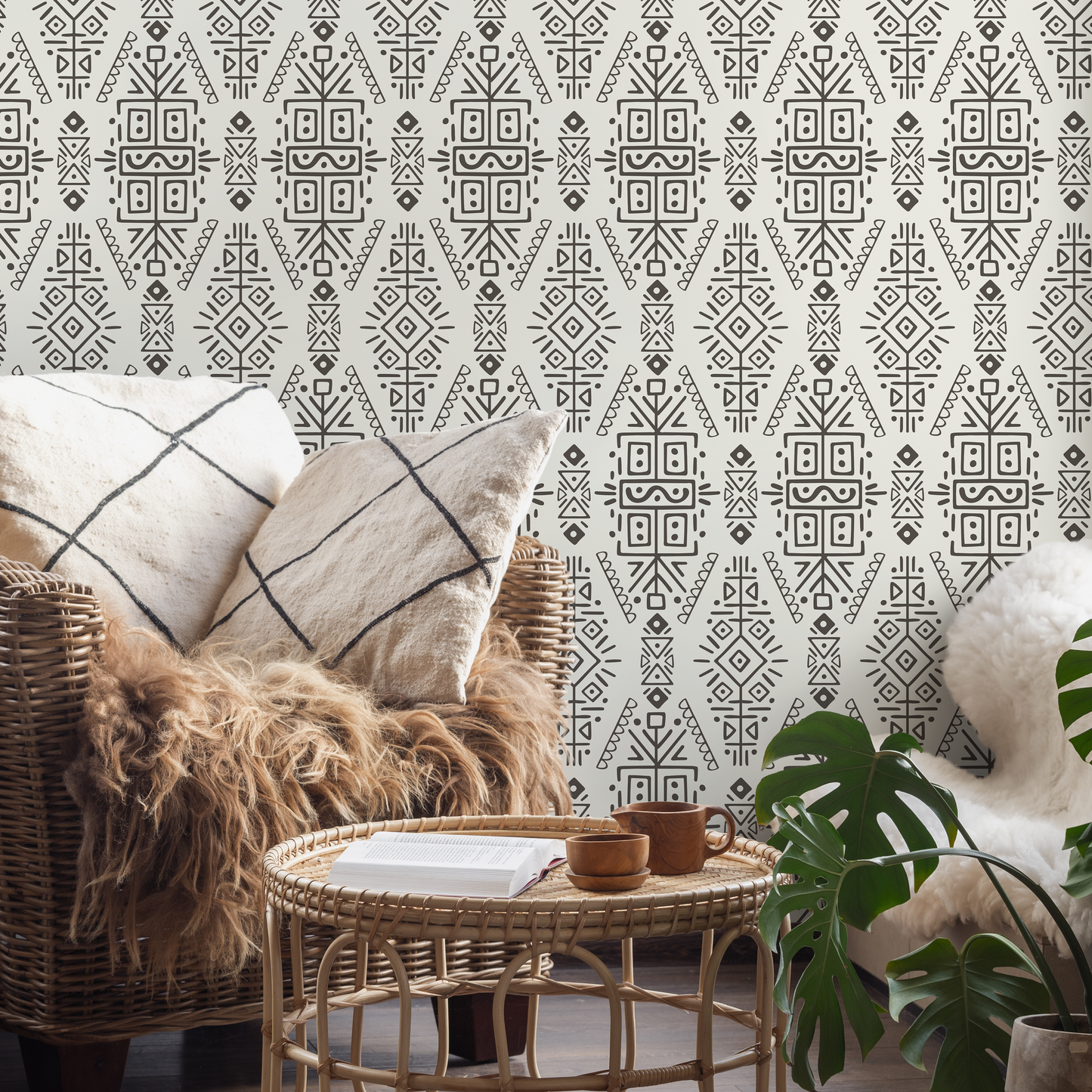 Wallpaper Peel and Stick Wallpaper Removable Wallpaper Home Decor Wall Art Wall Decor Room Decor/ Beige Black Tribal Ethnic Wallpaper - C607