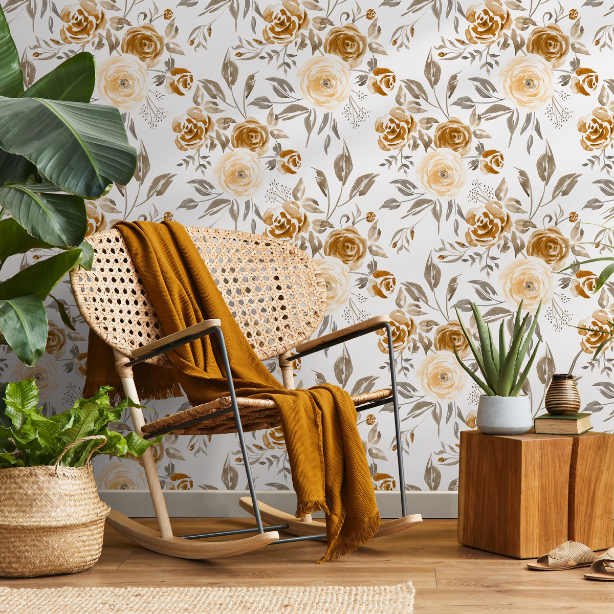 Floral Wallpaper with a Watercolor Rose Motif in Yellow, Gold, and Taupe - detail view