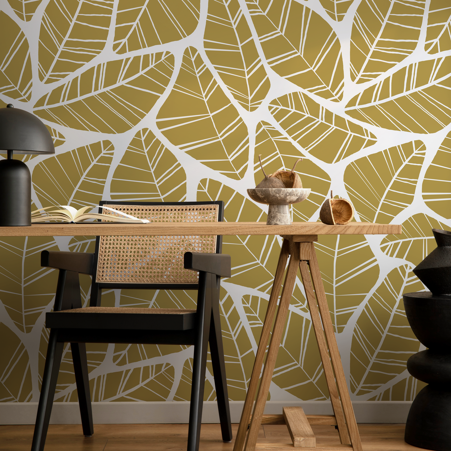 Botanical Wallpaper with a Graphic Leaf Motif in Mustard and White - C619