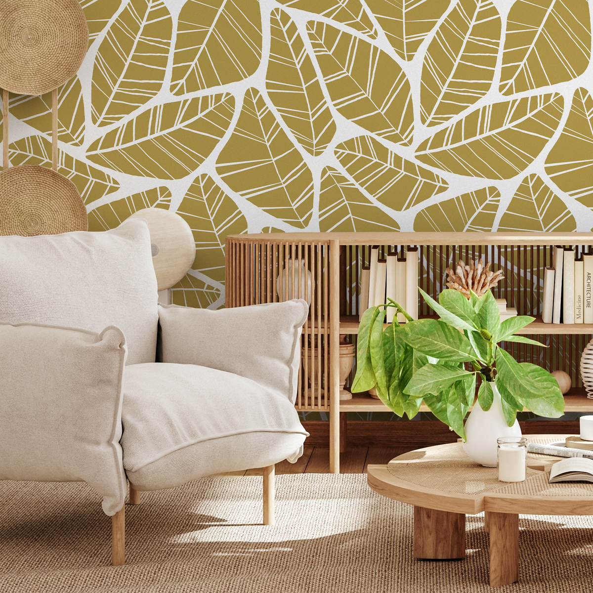 Botanical Wallpaper with a Graphic Leaf Motif in Mustard and White - detail view