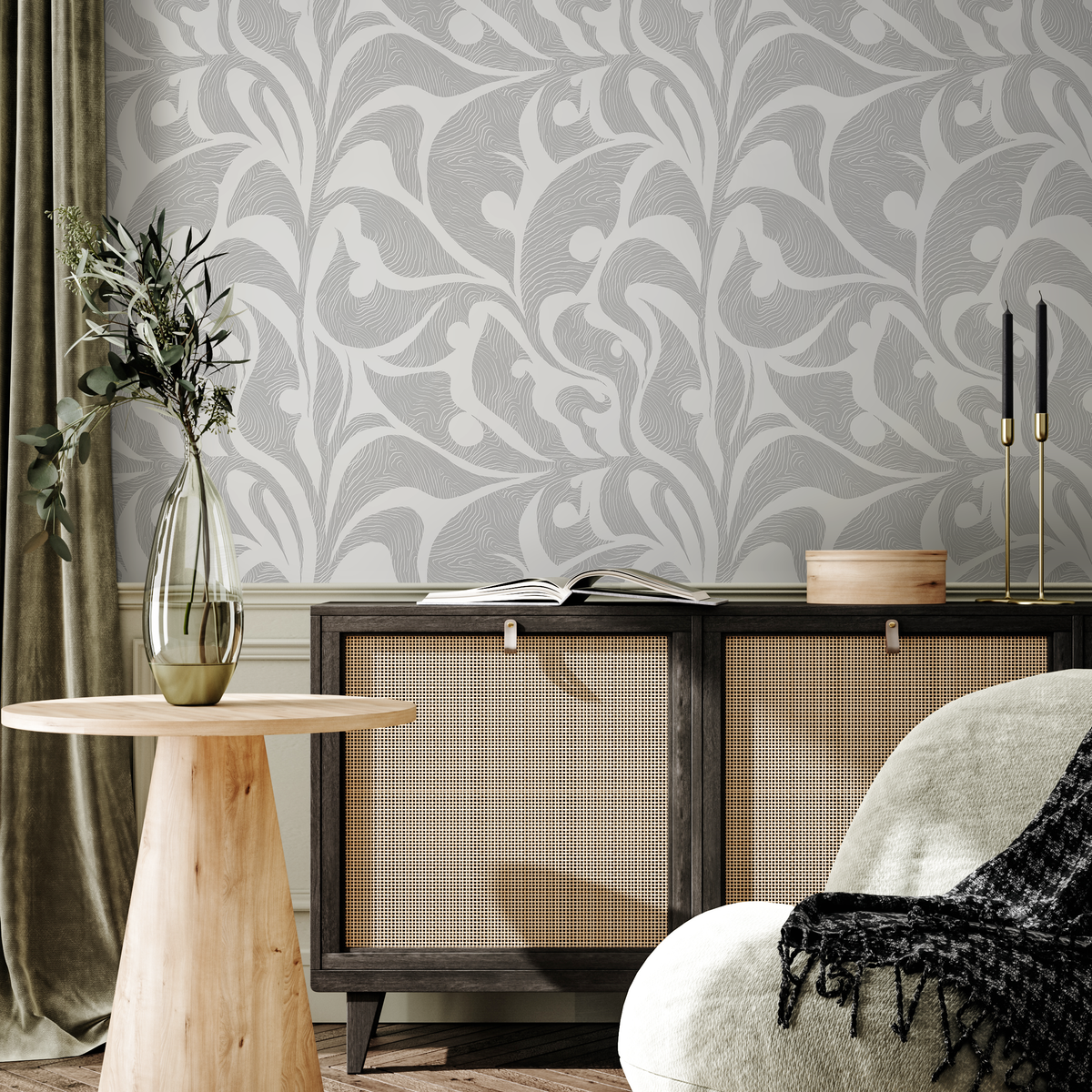 Art Nouveau Wallpaper with Swirling Abstract Foliage in Light Gray and Gray - detail view