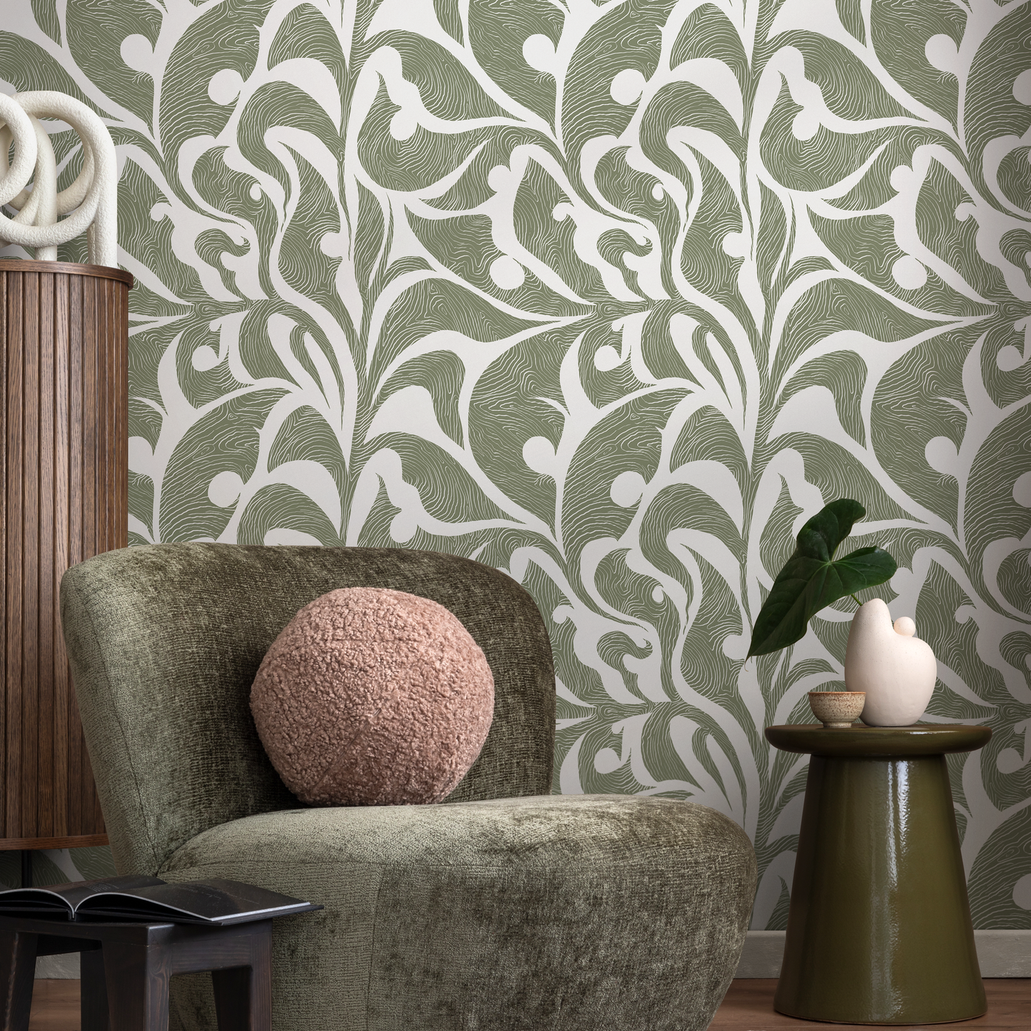 Green Vintage Wallpaper / Peel and Stick Wallpaper Removable Wallpaper Home Decor Wall Art Wall Decor Room Decor - C622