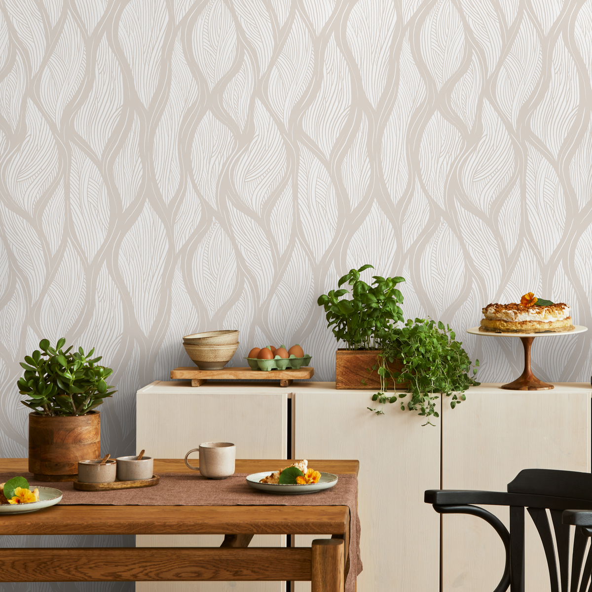 Minimalist Wavy Leaf Abstract Wallpaper in Beige and Cream - detail view
