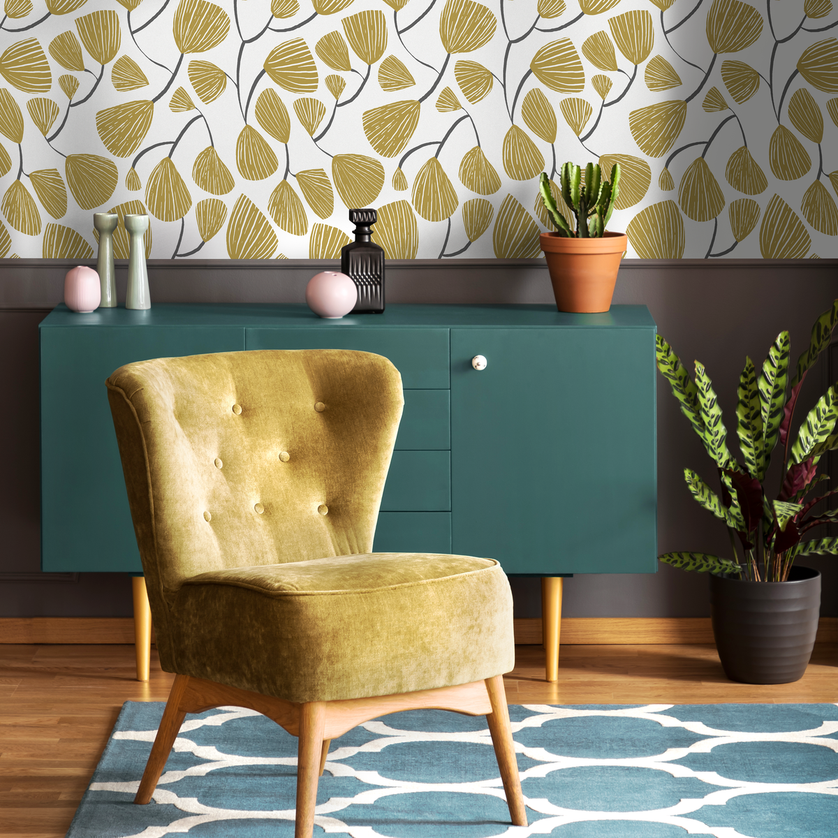 Botanical Wallpaper with Stylized Ginkgo Leaves in Yellow and Gray - detail view