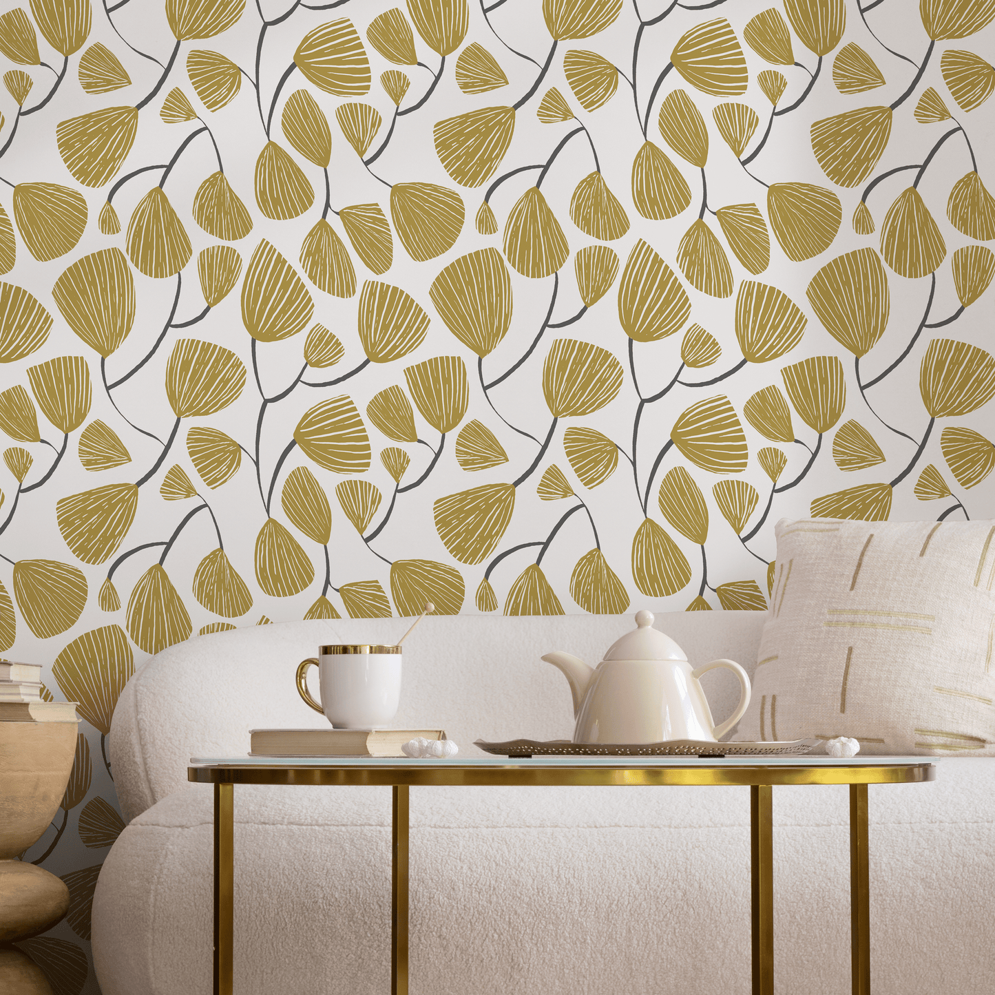 Yellow Floral Wallpaper / Peel and Stick Wallpaper Removable Wallpaper Home Decor Wall Art Wall Decor Room Decor - C631