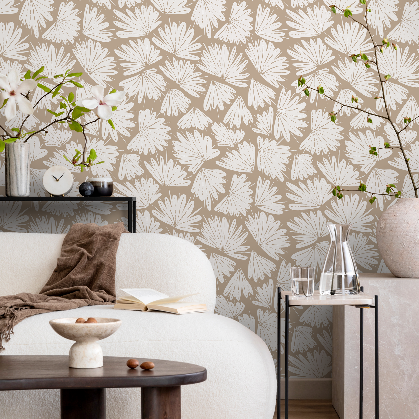 Beige Boho Floral Wallpaper / Peel and Stick Wallpaper Removable Wallpaper Home Decor Wall Art Wall Decor Room Decor - C632