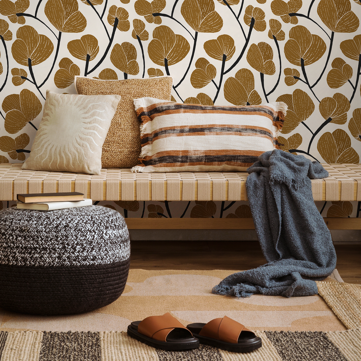 Floral Wallpaper with Blooms in Ochre and Black - detail view