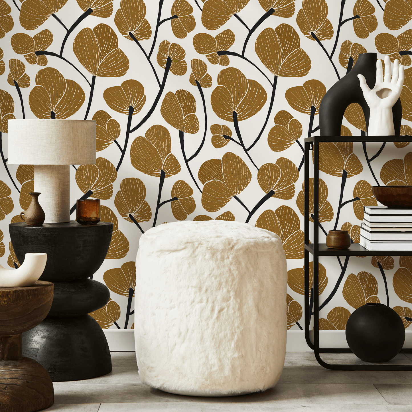 Mustard Yellow Floral Wallpaper / Peel and Stick Wallpaper Removable Wallpaper Home Decor Wall Art Wall Decor Room Decor - C633