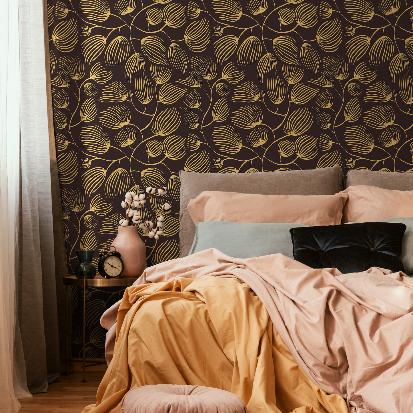 Yellow and Brown Floral Wallpaper / Peel and Stick Wallpaper Removable Wallpaper Home Decor Wall Art Wall Decor Room Decor - C639