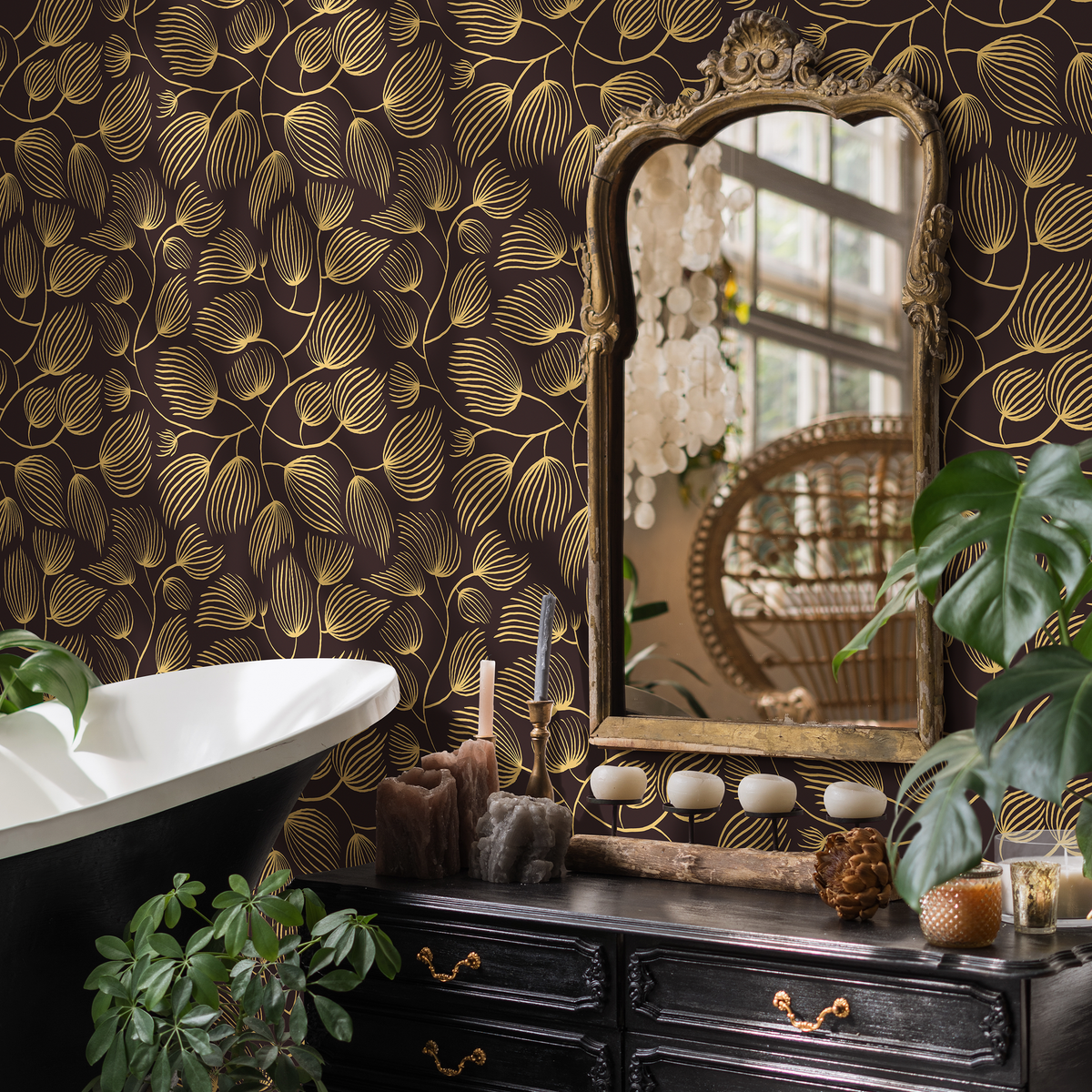 Floral Wallpaper with a Stylized Leaf Motif in Yellow and Brown - detail view