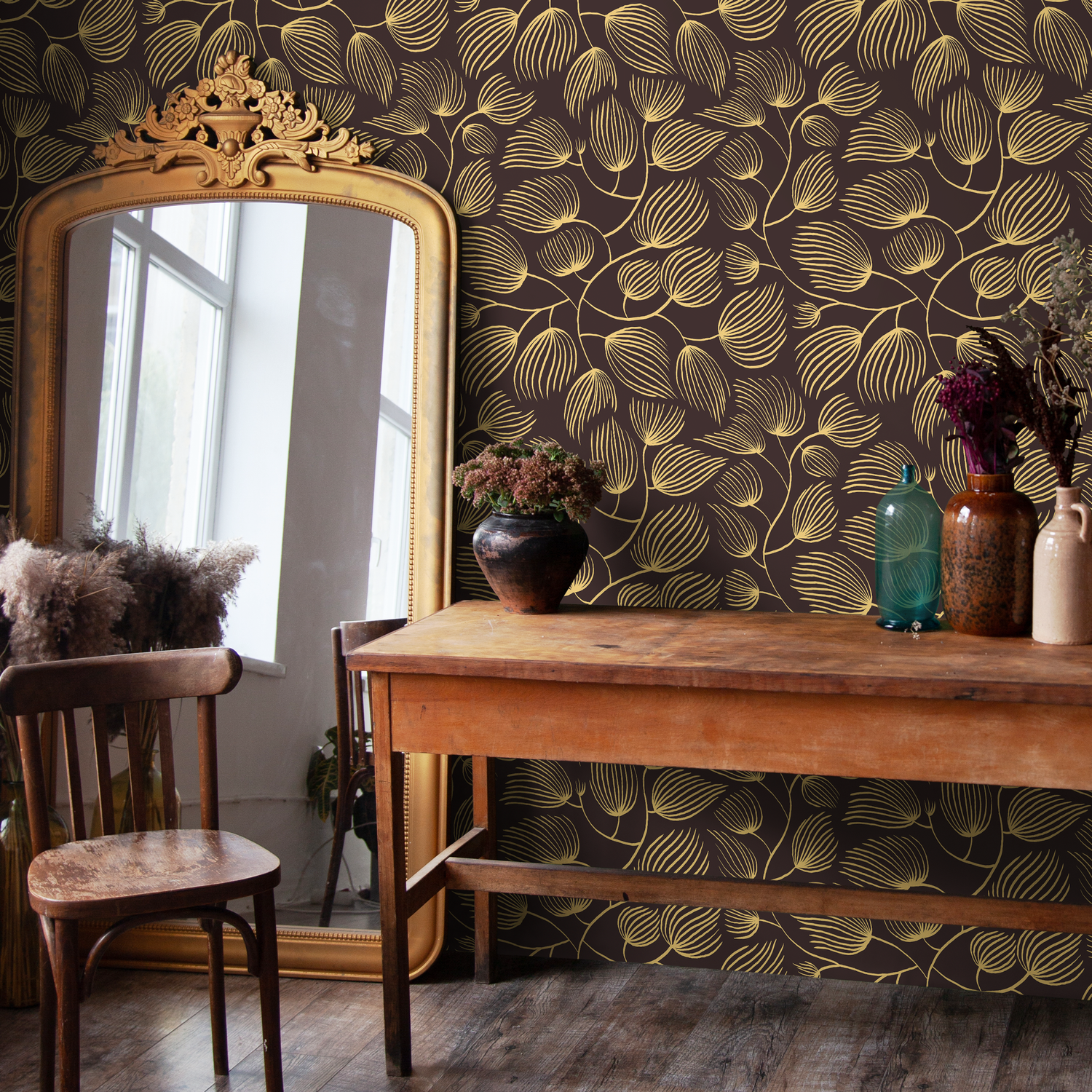 Papier peint floral jaune et marron / Papier peint autocollant amovible Décoration d'intérieur Art mural Décoration murale Décoration de chambre - C639